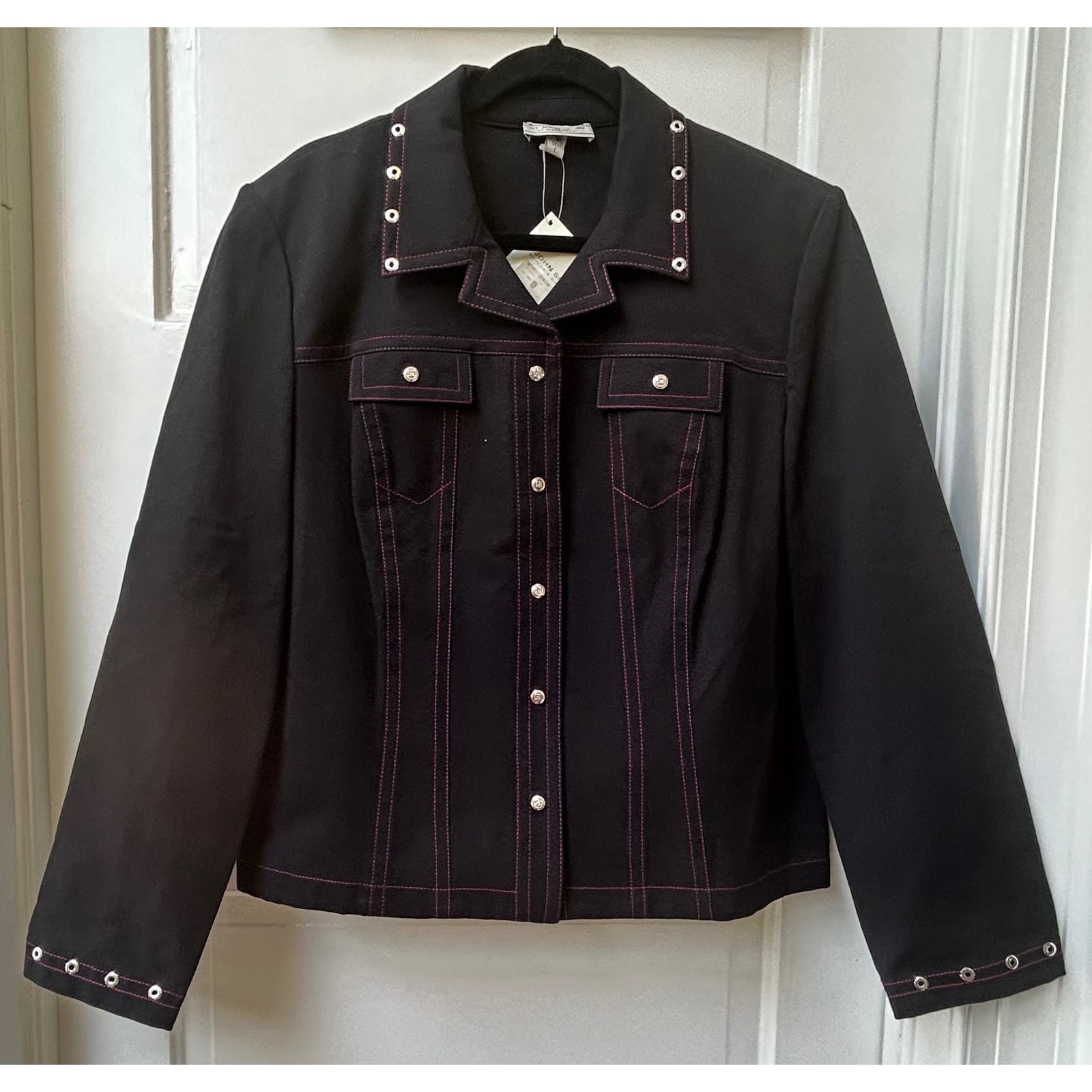St John Sport Marie Gray Black Pink Contrast Stitch Grommet Jacket Nwt Size L